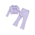 thumbnail image 1 of Seyurigaoka Baby Girls Pants Set Letter Print Ribbed Pleated Long Sleeve Crewneck Tops + High Waist Stretch Flared Trousers for 2-7Y Kids, 1 of 9