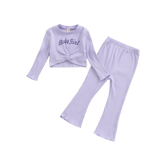 Seyurigaoka Baby Girls Pants Set Letter Print Ribbed Pleated Long Sleeve Crewneck Tops + High Waist Stretch Flared Trousers for 2-7Y Kids