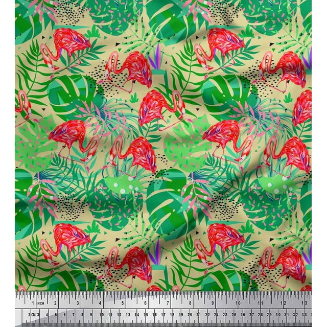 Soimoi Poly Georgette Fabric Tropical Leaves & Flamingo Bird Print Fabric by The Yard 52 Inch Wide