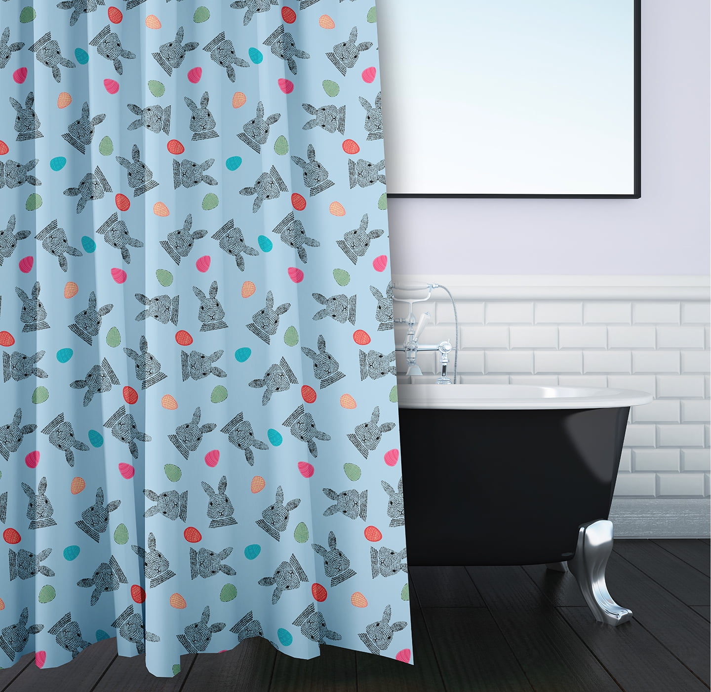 Simply Daisy 70" W x 73" L Bunnies and Eggs Polyester Shower Curtain, After Rain Blue [1 Ct]