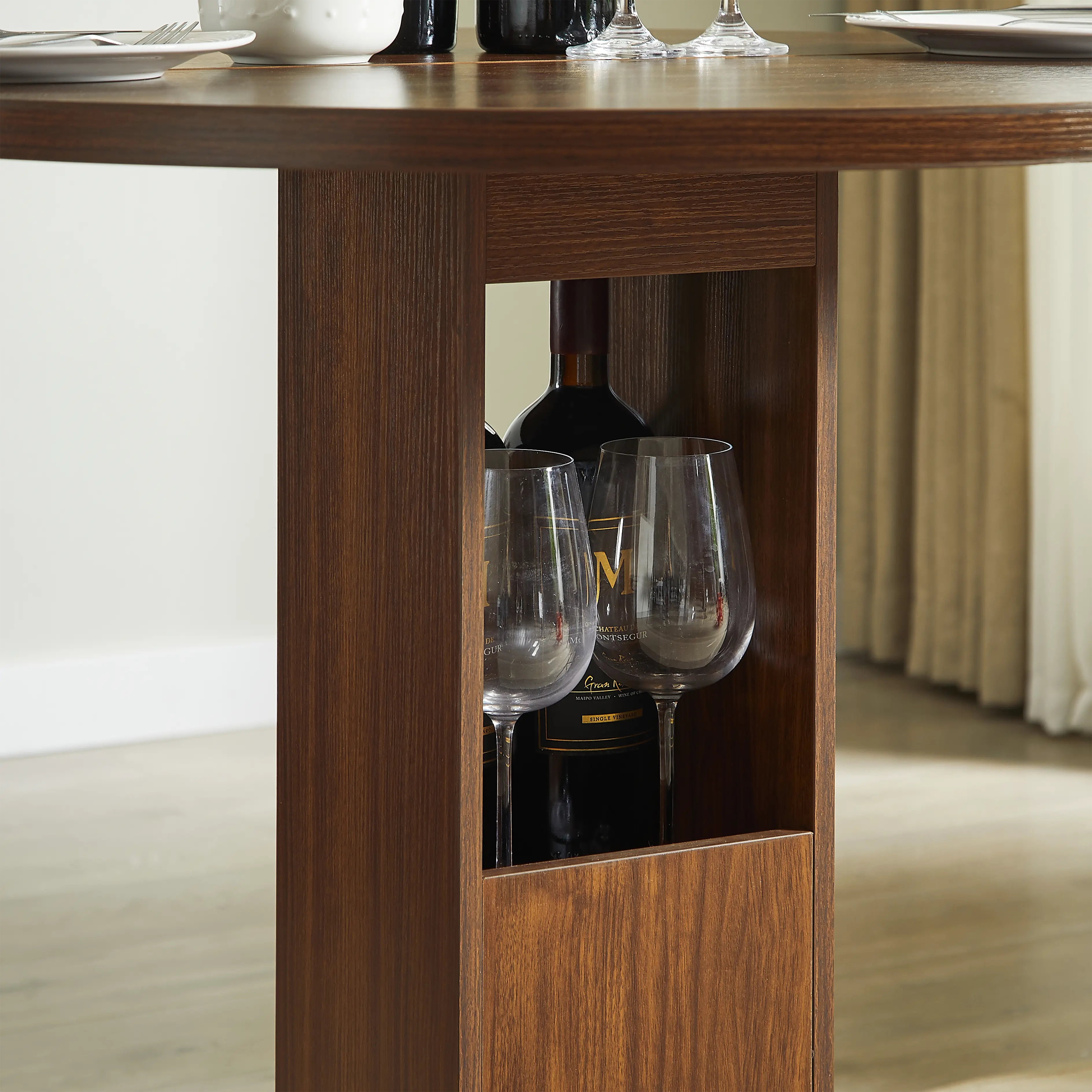Aukfa Round Dining Table Set for 2, Dining Table with 2 Bar Stools, Storage Base & Footrest,Space-Saving Kitchen & Dining Table Set,Brown