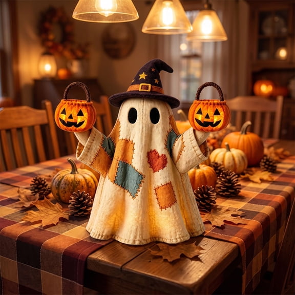 Izexuh Vintage Patchwork Ghost Halloween Light Halloween Table Decor with Cute Witch Hat Design,Warm Glow Desktop Ornament for Shelf and Mantel Display