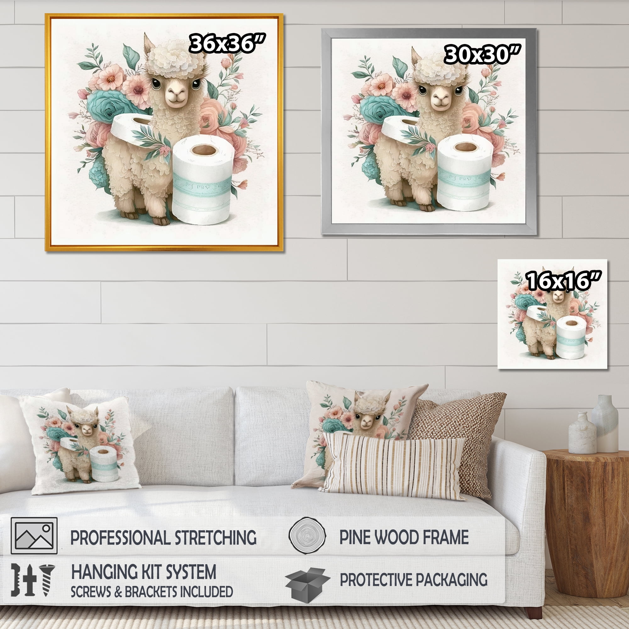 Designart Llama Building A Tower Of Toilet Paper With Flowers V Canvas Wall Art