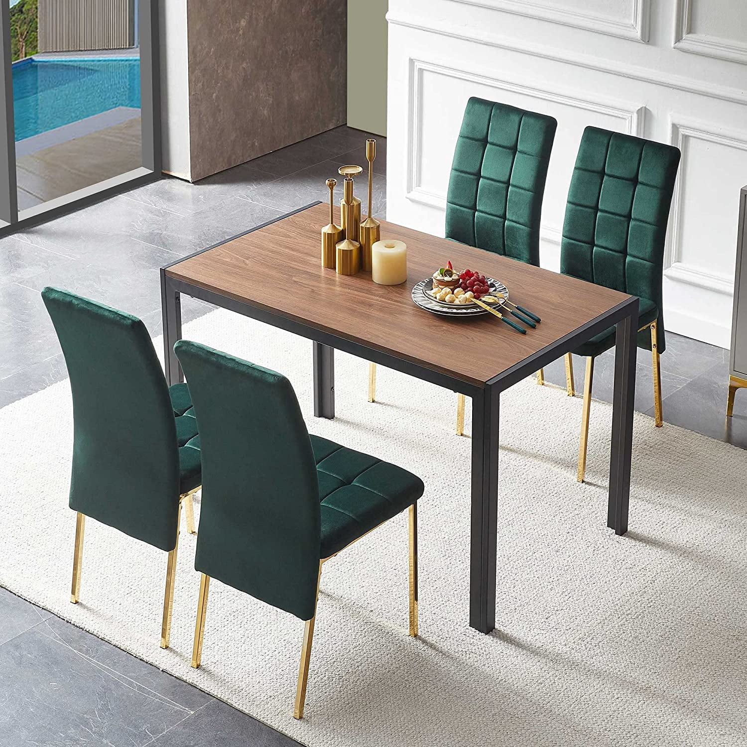NORDICANA 5 Piece Dining Table Set for 4,Home Kitchen Dining Room Set,Engineered Wood Home Desk with Thick Tabletop& 4 PCS Soft Velvet Dining Chair Ergonomic Design for Dining Hall,Restaurant
