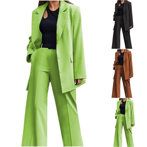 Miqool Pant Suits 2 Piece for Women Casual Business Long Sleeve Button Down Blazer Jacket and Wide Leg Pants with Pockets Suit Sets