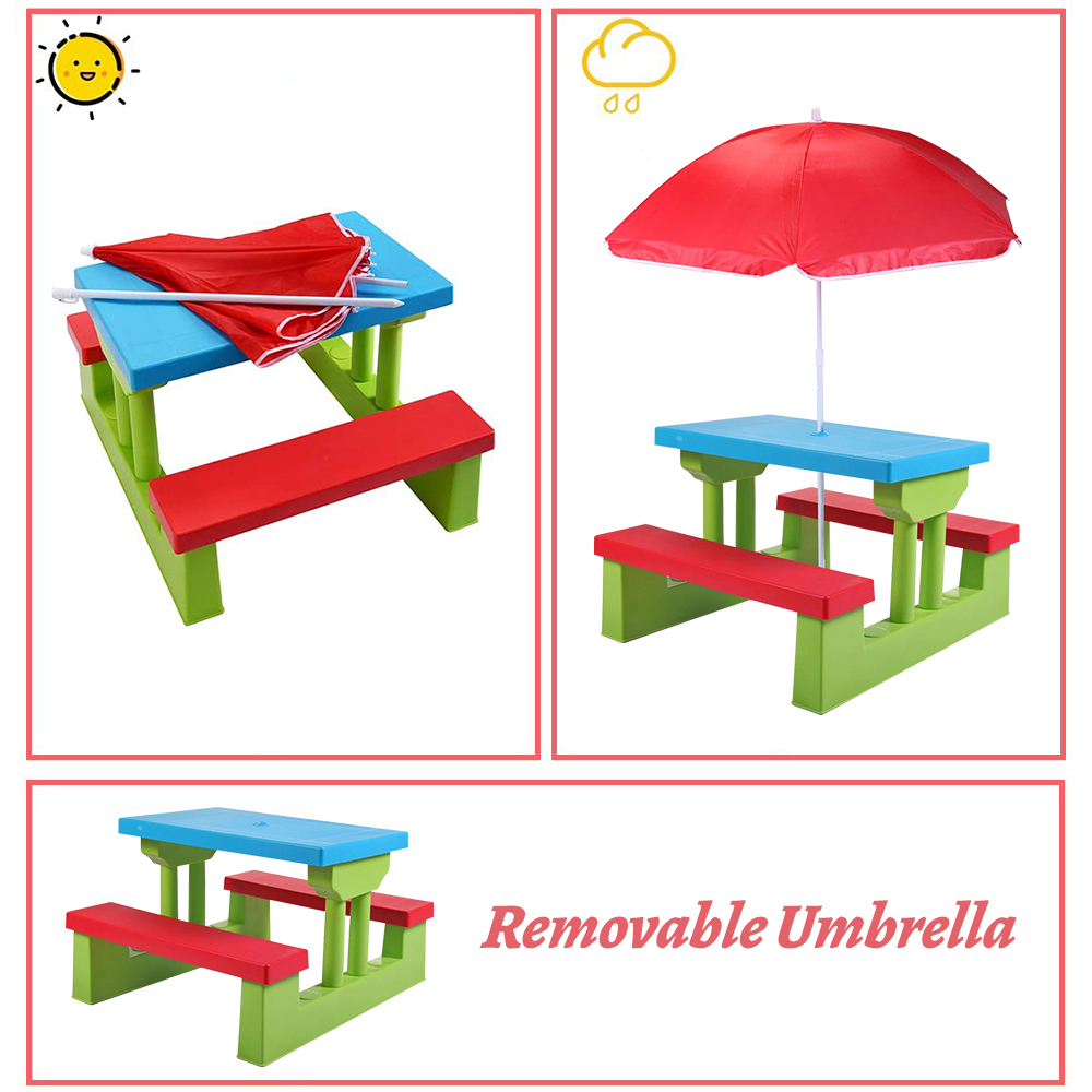 Kids Picnic Tables Set, BTMWAY Indoor Outdoor Childrens Table and Chair Set, Portable Kids Picnic Table with 2 Benches, Removable Umbrella, Kids Picnic Table Set for Garden Backyard Patio, R2118 - image 3 of 8