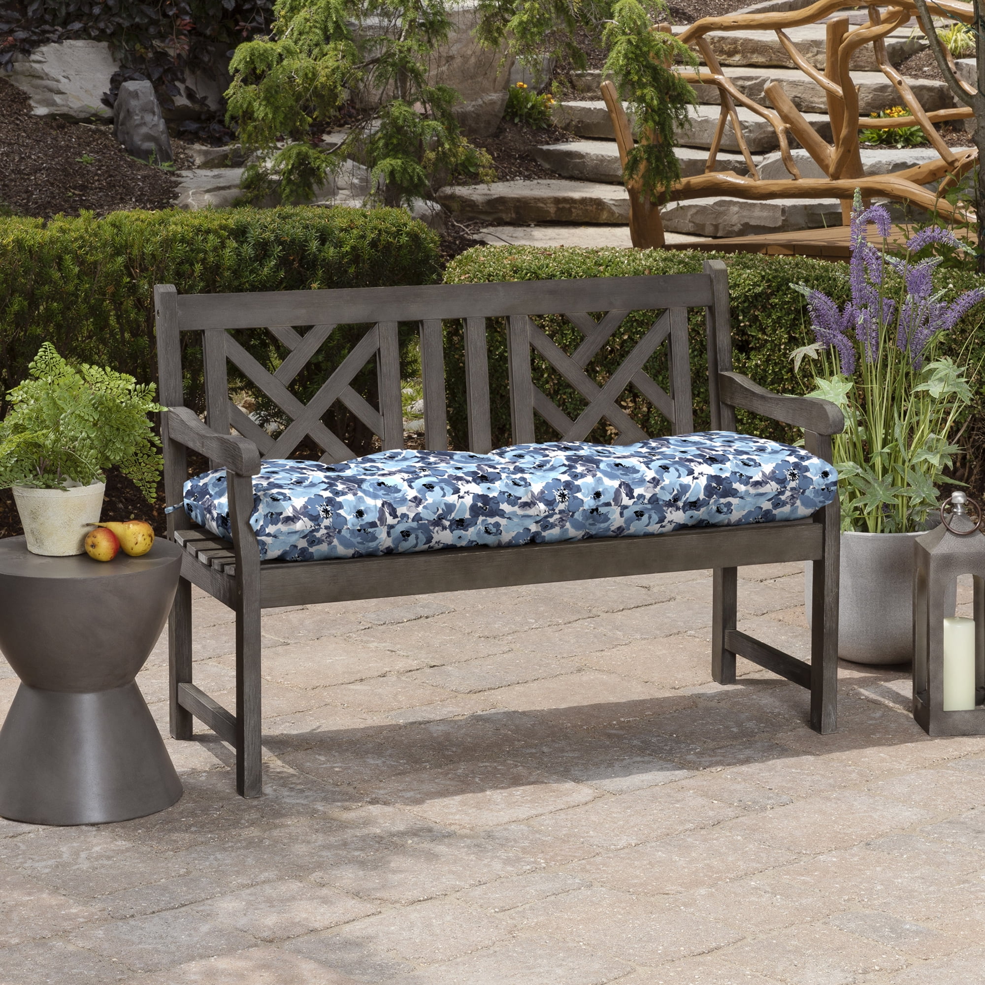 ARDEN Outdoor Plush Modern Tufted Bench Cushion, 48 x 18, Water Repellent, Fade Resistant, Tufted Bench Cushion for Bench and Swing 48 x 18, Blue Garden Floral