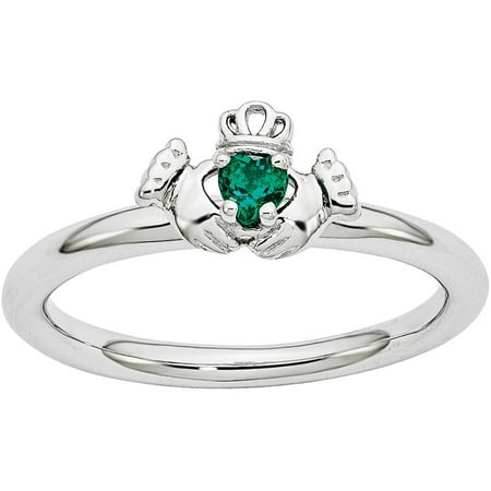 Stackable Expressions Created Emerald Sterling Silver Rhodium Claddagh Ring