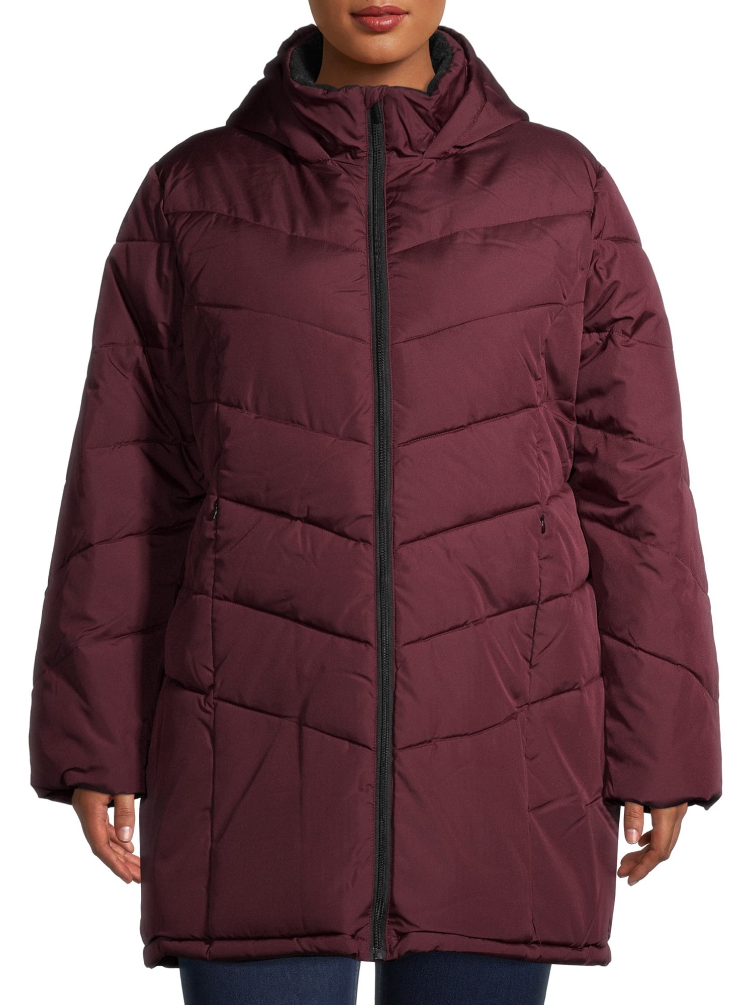 Big Chill Women's Plus Size Quilted Puffer MidLength Coat with Sherpa
