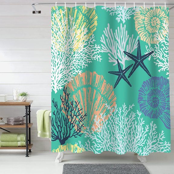 Shower Curtain Starfish Shellfish Shower Curtains for Bathroom Decor Aqua Green Beach Coral Shower Curtain Sets with Hooks Waterproof Fabric Bath Curtain Extra Long 72" X 84"