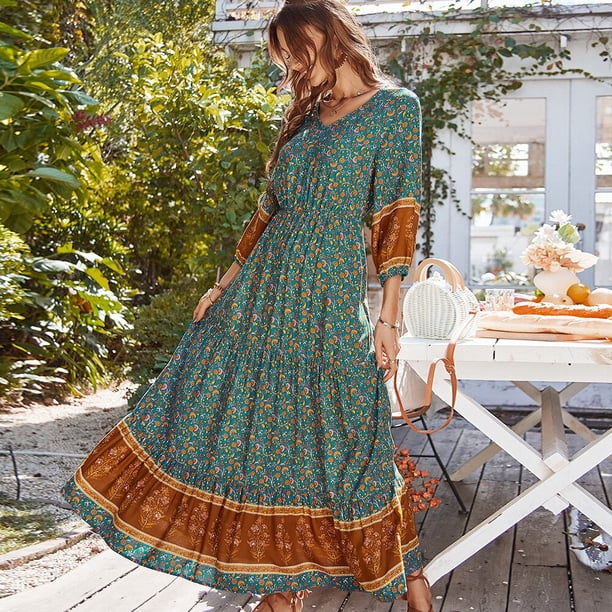 WildPinky 2023 New Summer Spliced Print Dress Casual 3/4 Sleeve V-neck Long Women Dresses Loose High Waist Beach Sundress FemaleL Gao Jinjia LED