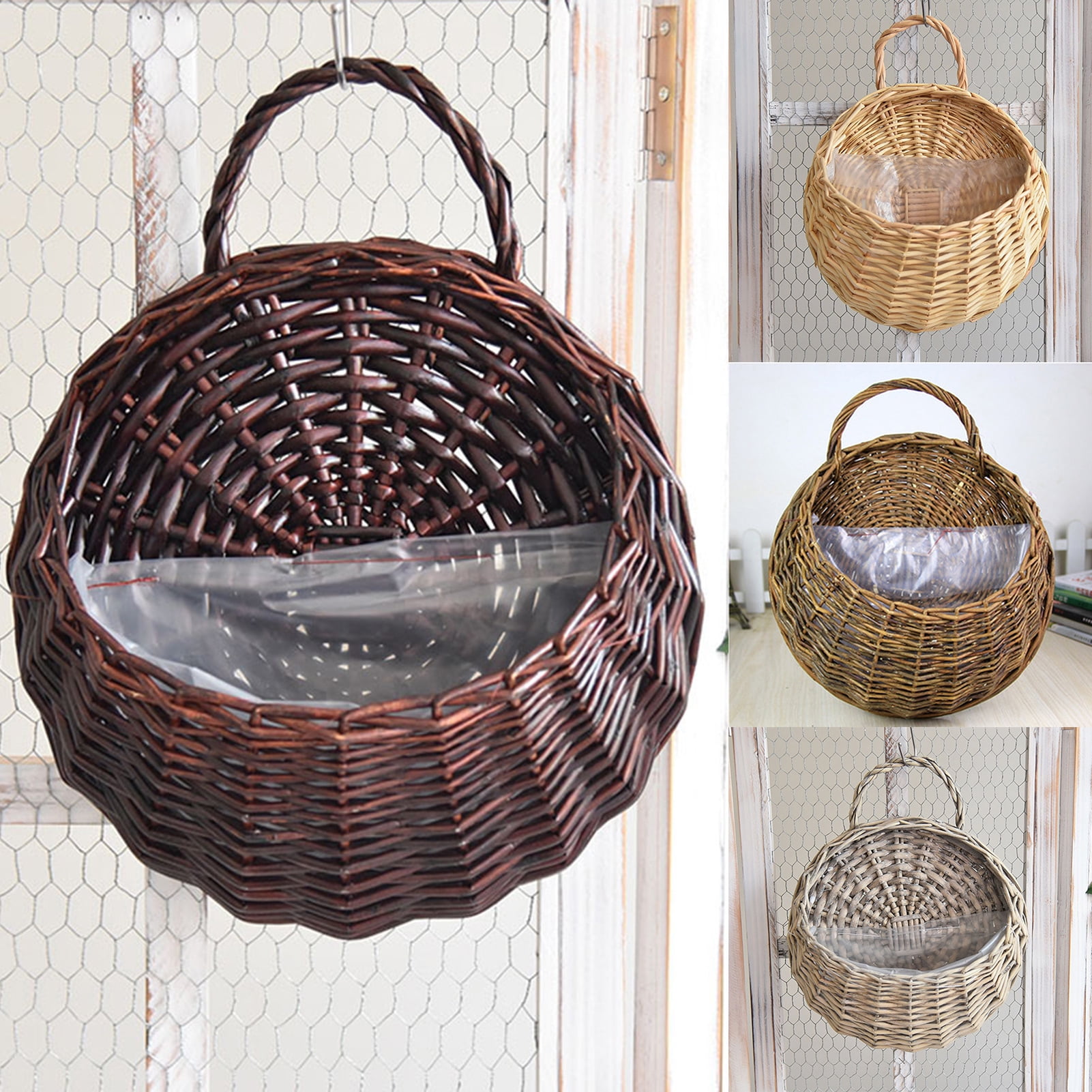 2 X 12" NATURAL WICKER HANGING BASKET LINED 30CM RATTAN WILLOW FLOWER PLANTER 