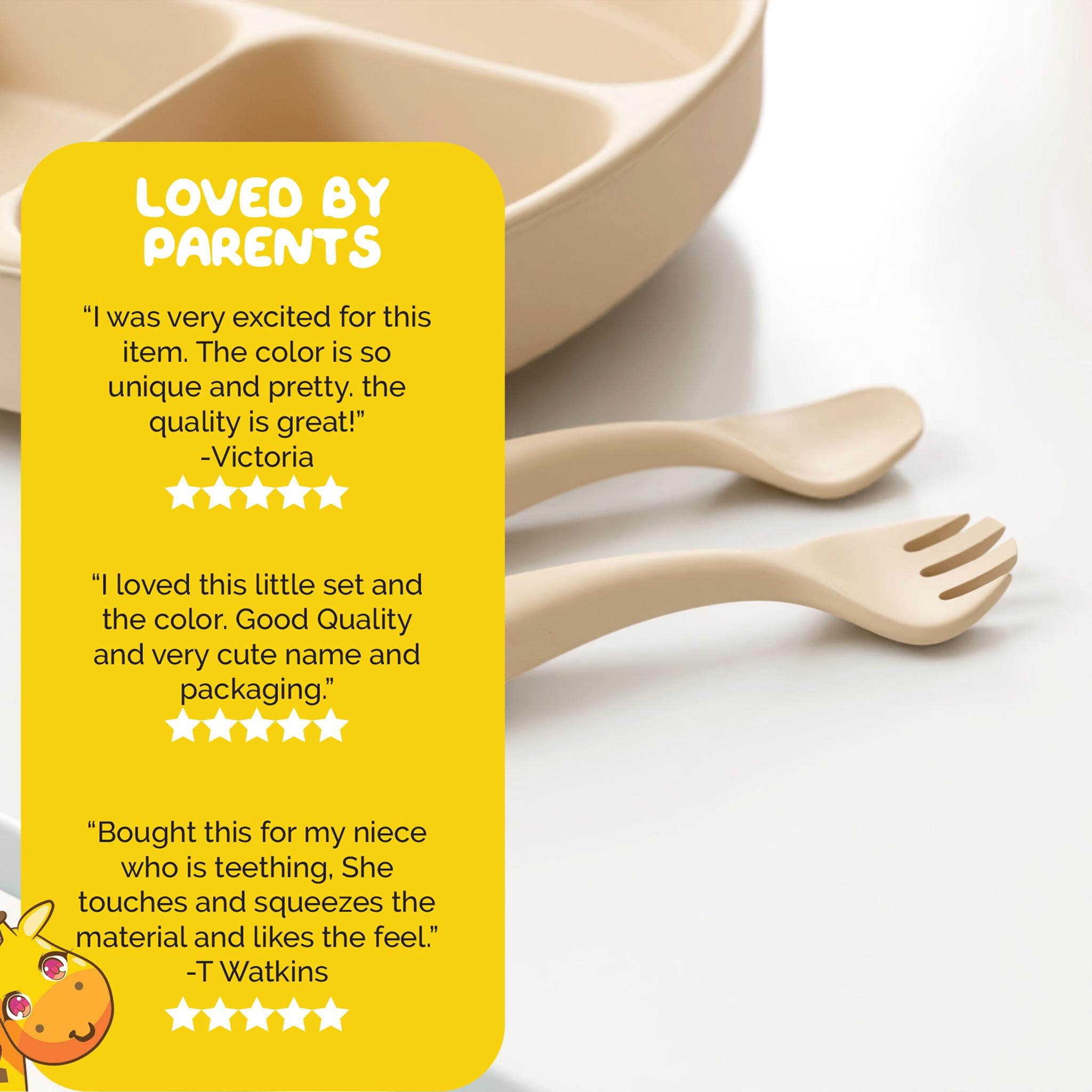 Infant Feeding Set by Muqee Peeko in Beige Color by Muqee Peeko with Plates with Suction and Utensils - (3 Piece Set)