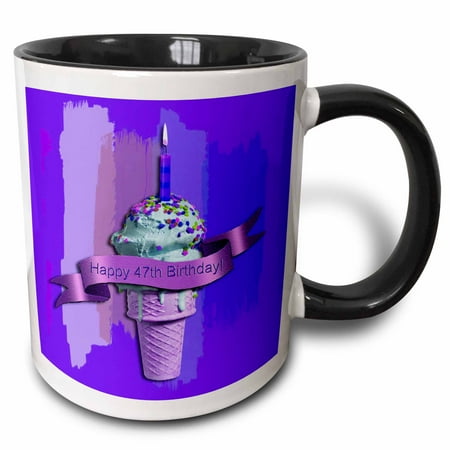 3dRose Happy 47th Birthday, Strawberry Ice Cream Cone on Abstract, Purple, Two Tone Black Mug, (Best Strawberry Ice Cream)