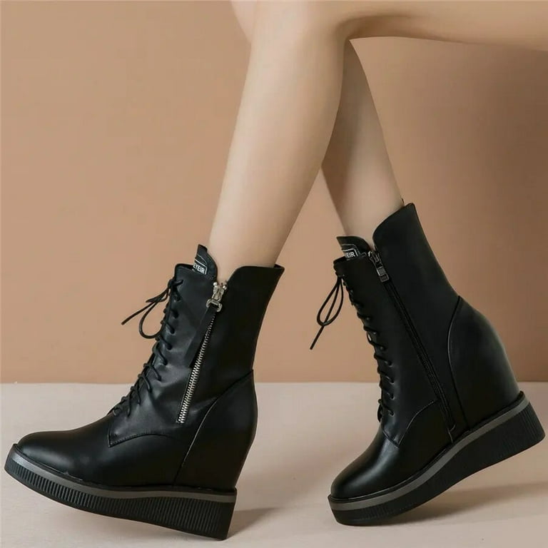 Platform Trainers Women Lace Up Cow Leather Wedges High Heel Pumps Shoes Female High Top Round Toe Fashion Sneakers Casual Shoes Walmart