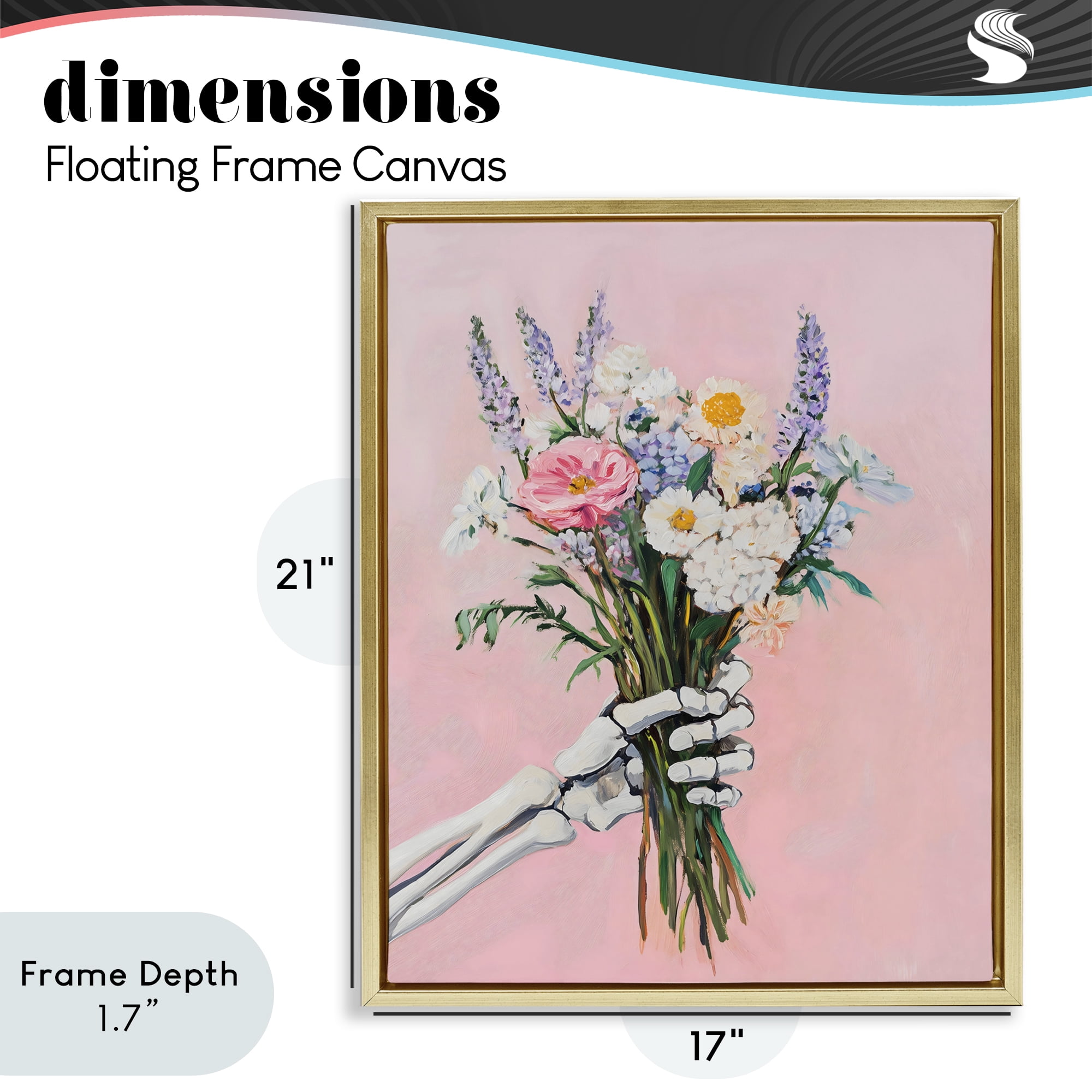 Stupell Industries Skeleton Hand Holding Flowers Gold Framed Floater Canvas Wall Art, design by The Prints Vibe