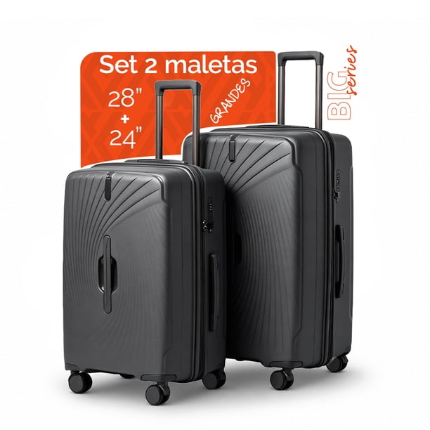 Maletas de viaje extra grandes tipo baúl de polipropileno con cierre premium YKK TOURMA gris meta BIG series set 2 piezas 28”+ 24” capacidad 25kg cierre expandible candado alta seguridad TSA LOCK