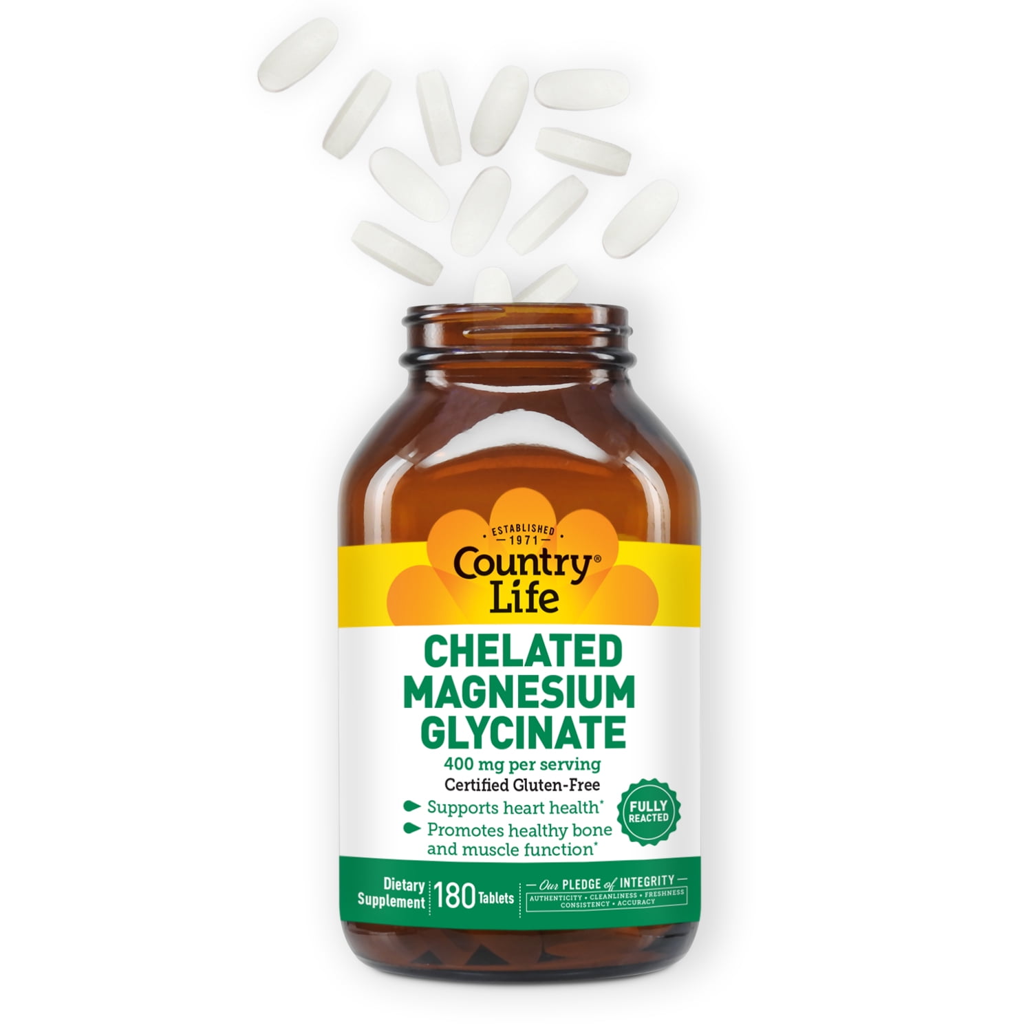 Country Life Chelated Magnesium Glycinate 400mg – High Absorption Magnesium for Calm, Muscle Relaxation, Energy & Bone Support – Certified Gluten-Free, Vegan, Kosher, Non-GMO – 180 Tablets