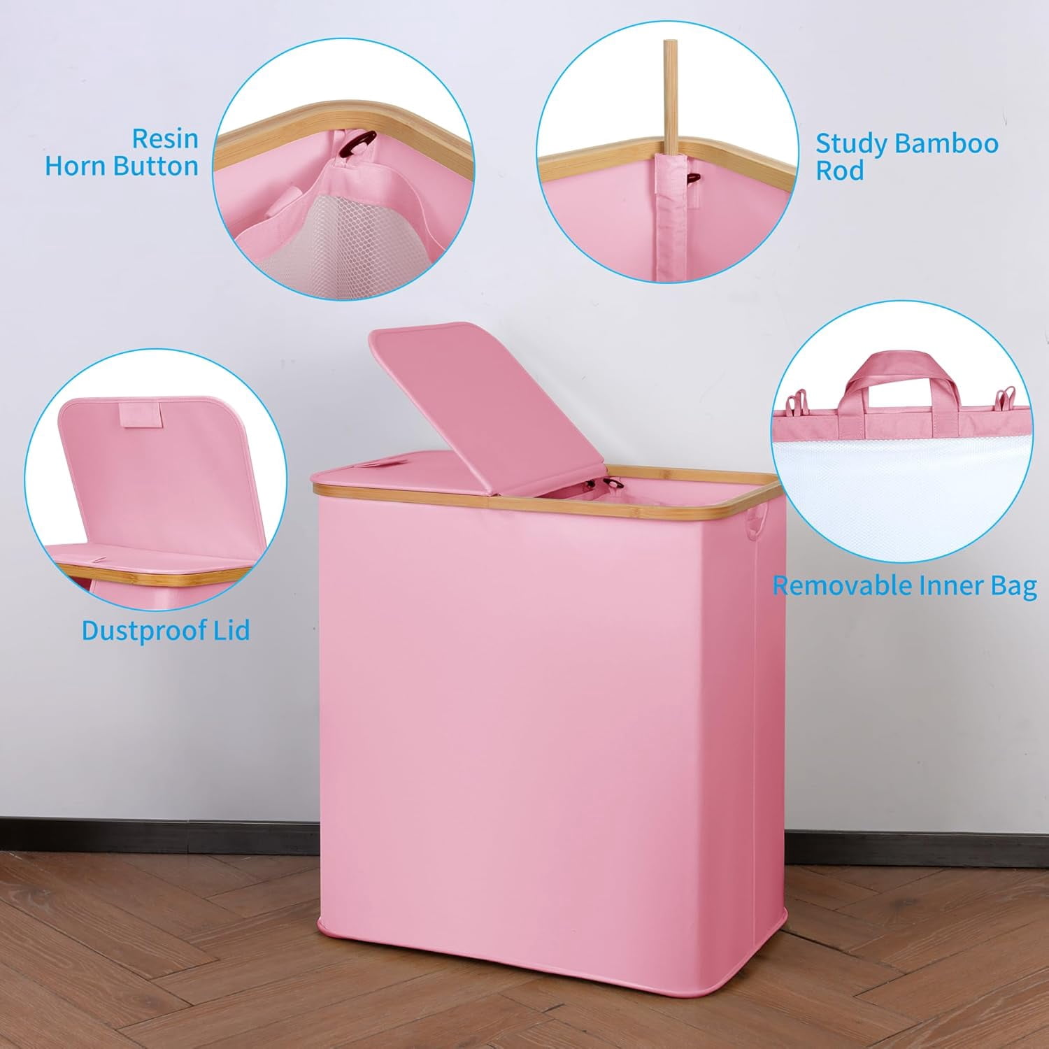 Laundry Hamper with Lid, Double Laundry Hamper with 2 Removable Bags, 2 Section Laundry Basket with Bamboo Handles for Bathroom, Bedroom & Laundry Room (Pink, 140L Dual)
