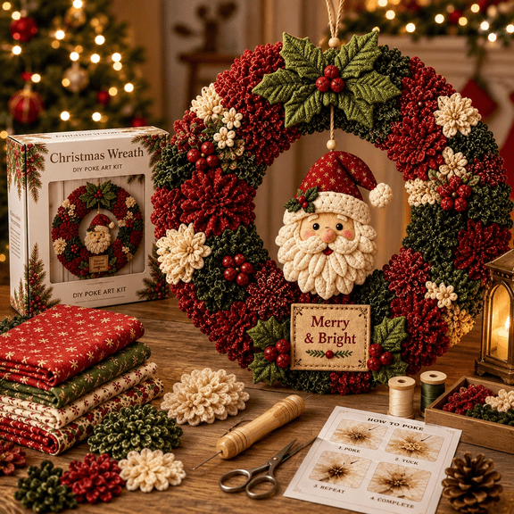 Cmunyle Christmas Wreath DIY Poke Art Kit 3D Fabric Santa Design Hand Punch Craft Hanging Decor for Door Wall Fireplace