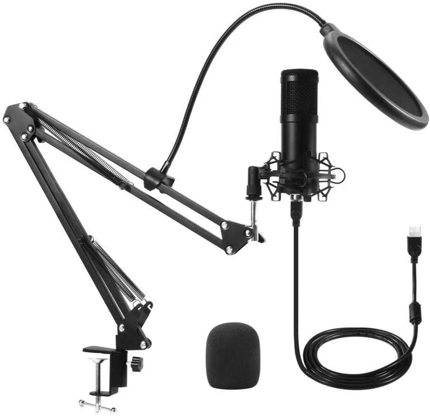 Black USB Gaming Microphone Set with Flexible Arm Filter Live Streaming Studio for PC 