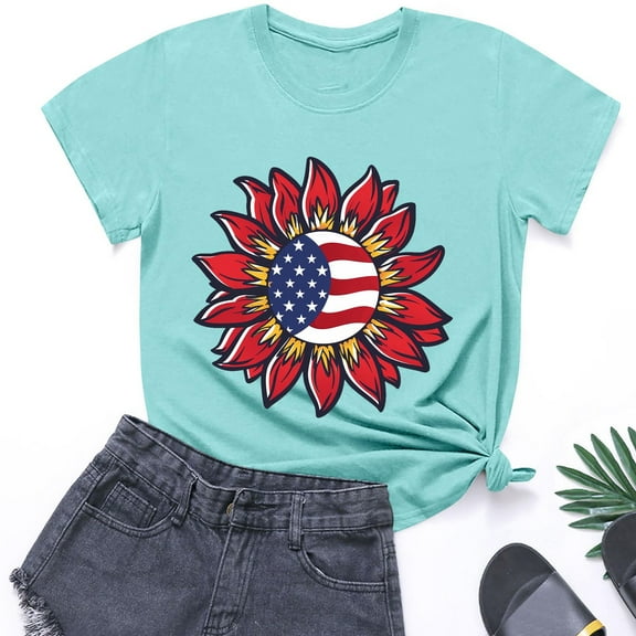 BRGZLK American Flag Sunflower Shirts For Toddler Kids Fashion American Flag Print Cotton T-Shirt Boys Girls Cute Round Neck Short Sleeve Top Blue 3-4 Years