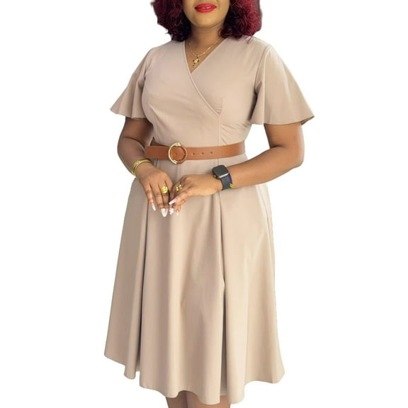 Womens Elegant V Neck Bell Sleeve Party Club Formal Wedding Guest Midi Dresses