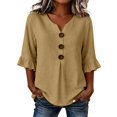 thumbnail image 2 of Only Moment Womens Summer Tops 3/4 Sleeve V Neck Ruffle Sleeves Cotton and Linen Dressy Collared Shirts Trendy Business Casual Work Blouses Vacation Outfits 2026 Khaki,XL, 2 of 9