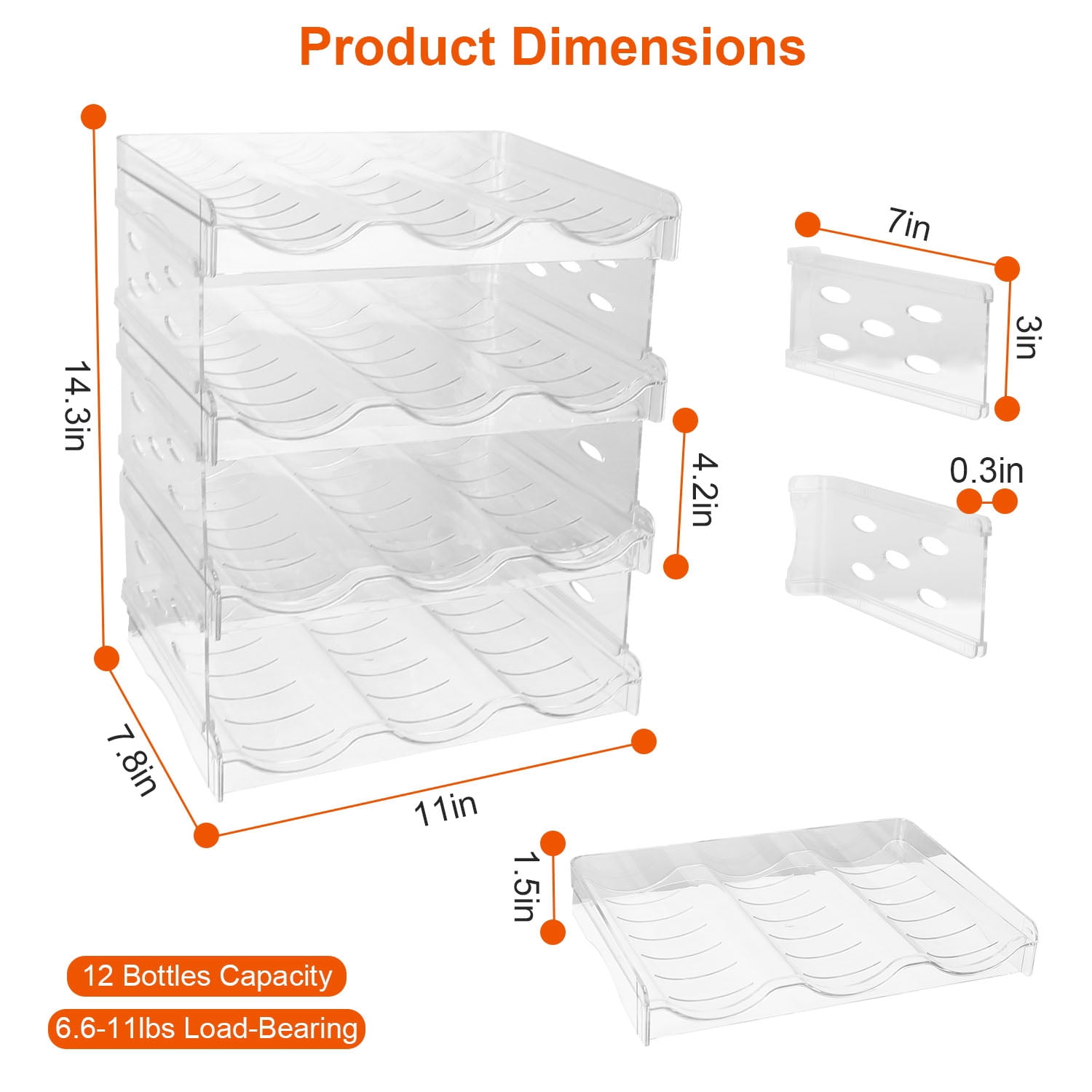 12 Bottle Plastic Bottle Storage Holder,  Free-Standing Water Bottle/Wine and Drink Organizer Shelf for Kitchen Cabinet, Fridge, Countertop, Pantry, Freezer, Clear