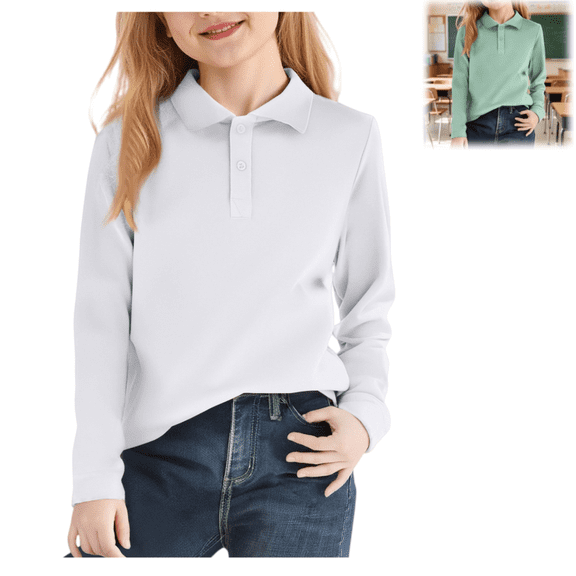 Girls Long Sleeve Polo Shirts Button Collared School Uniform Tshirts Fall Stylish Quick Dry Classic Fit Casual Kid Outfit White 9-10 Years