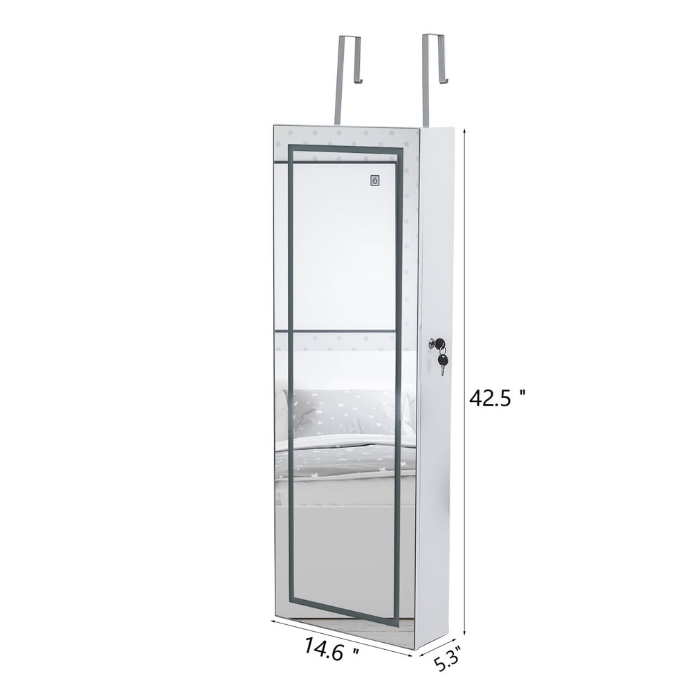 Lowestbest Jewelry Mirror Cabinet, Full Mirror Wooden Wall Hanging 4-Layer Shelf 2 Drawer with Inner Mirror 3-Color LED Light- White Lowestbest Jewelry Mirror Cabinet, Full Mirror Wooden Wall Hanging 4-Layer Shelf 2 Drawer with Inner Mirror 3-Color LED Light- White