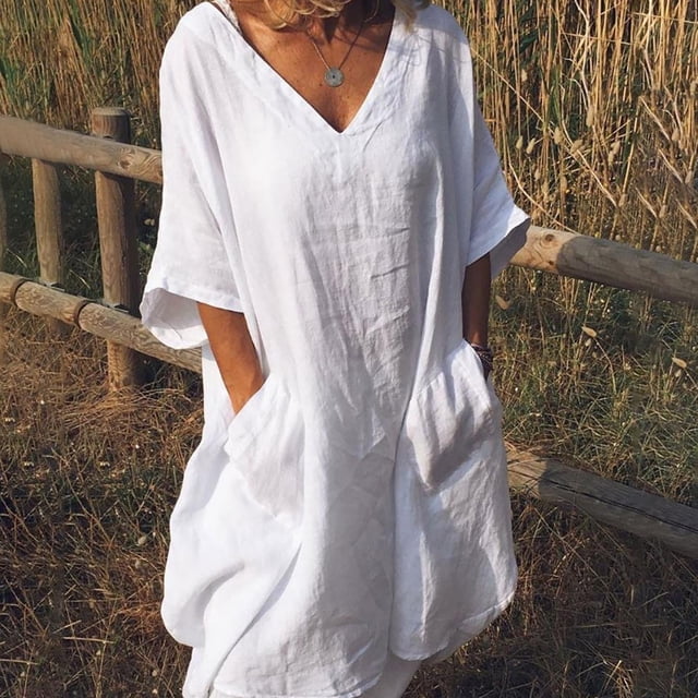Pisexur Robe à Manches Longues Col en V Mode Women Dresses Col en V Été Uni Décontracté Manches 1/2 Vacances Plage Robe Women Robe