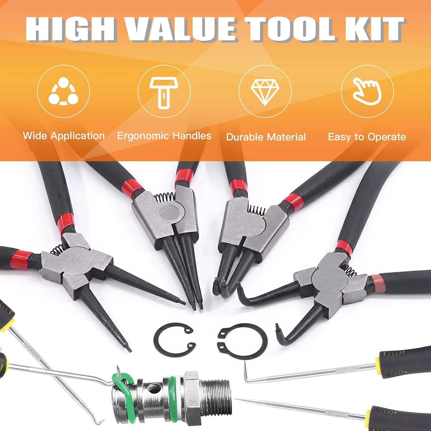 8 count 7 Inch Snap Ring Pliers Heavy Duty Hook Tool Set Internal External Circlip Pliers Tool Kit Straight Bent Jaw Pliers for Automotive Ring Removal Retaining