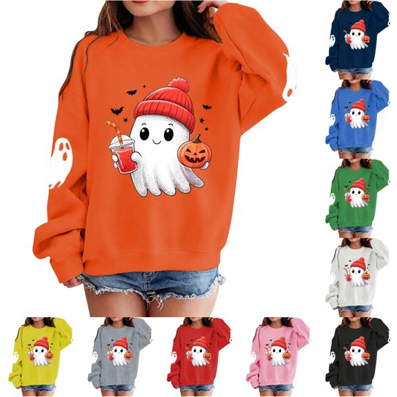 Girls Halloween Print Crewneck Sweatshirt Long Sleeve Pullover For Kids