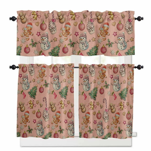 Christmas Kitchen Curtains and Valances Set, Snowman Gingerbread Man Xmas Tree Candy Coral Pink Rod Pocket Window Valance Window Curtain Panels for Living Room Bedroom Laundry, 27.5x36in, 3 Pieces