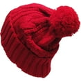 thumbnail image 4 of Red Slouchy Cable Knit Pom Pom Beanie Winter Cap Chunky Skull Hat Ski Kinit Warm New, 4 of 5