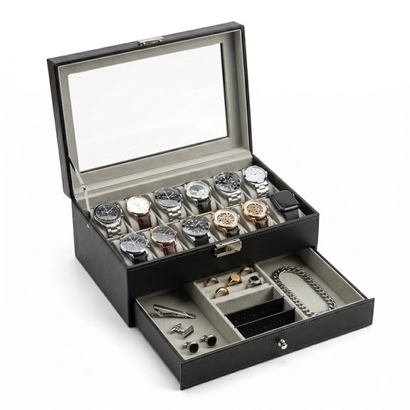Watch Box Watch Cases Jewelry Organizer for Men 12 Slot Lockable PU Leather Lid Jewelry Display Drawer Case Black