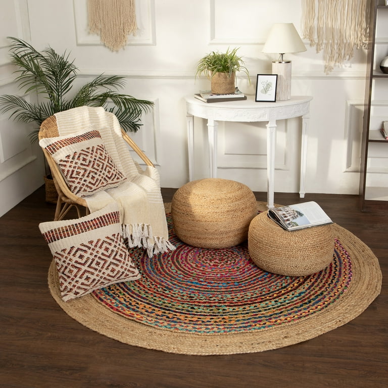 REDEARTH Jute Circular Jute Pouf Ottoman Braided Pouffe Accent Sitting Round Footrest for Living Room Bedroom Nursery kidsroom Patio Gym