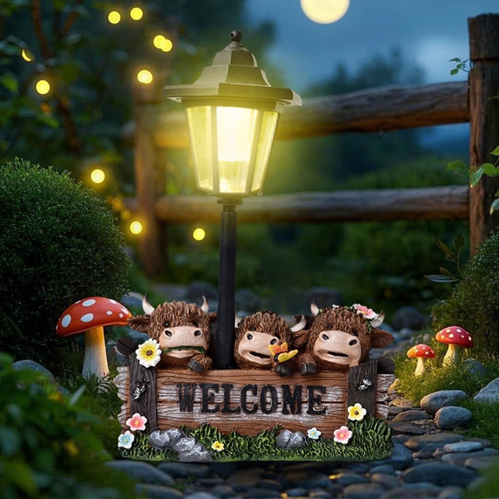 Rural Highlands Cattle Statue Solar Garden Sculpture Weather Resin Decoration Backyard Landscape Welcome Plaques