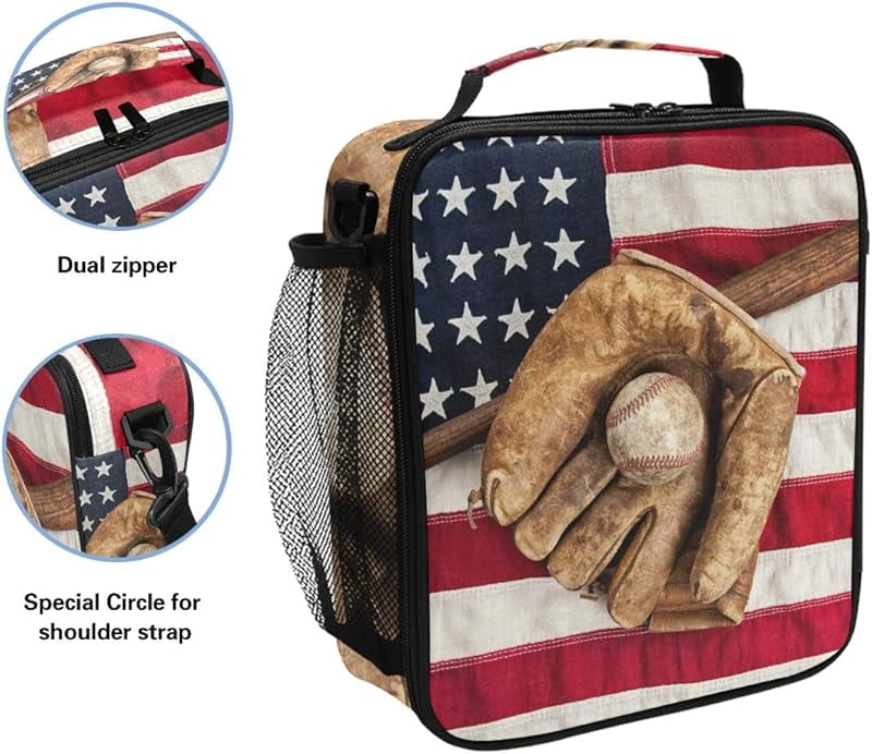 Lunch Box Bag Vintage Ball Baseball American Flag Lunchbox Insulated Thermal Cooler Ice Adjustable Shoulder Strap for Women Men