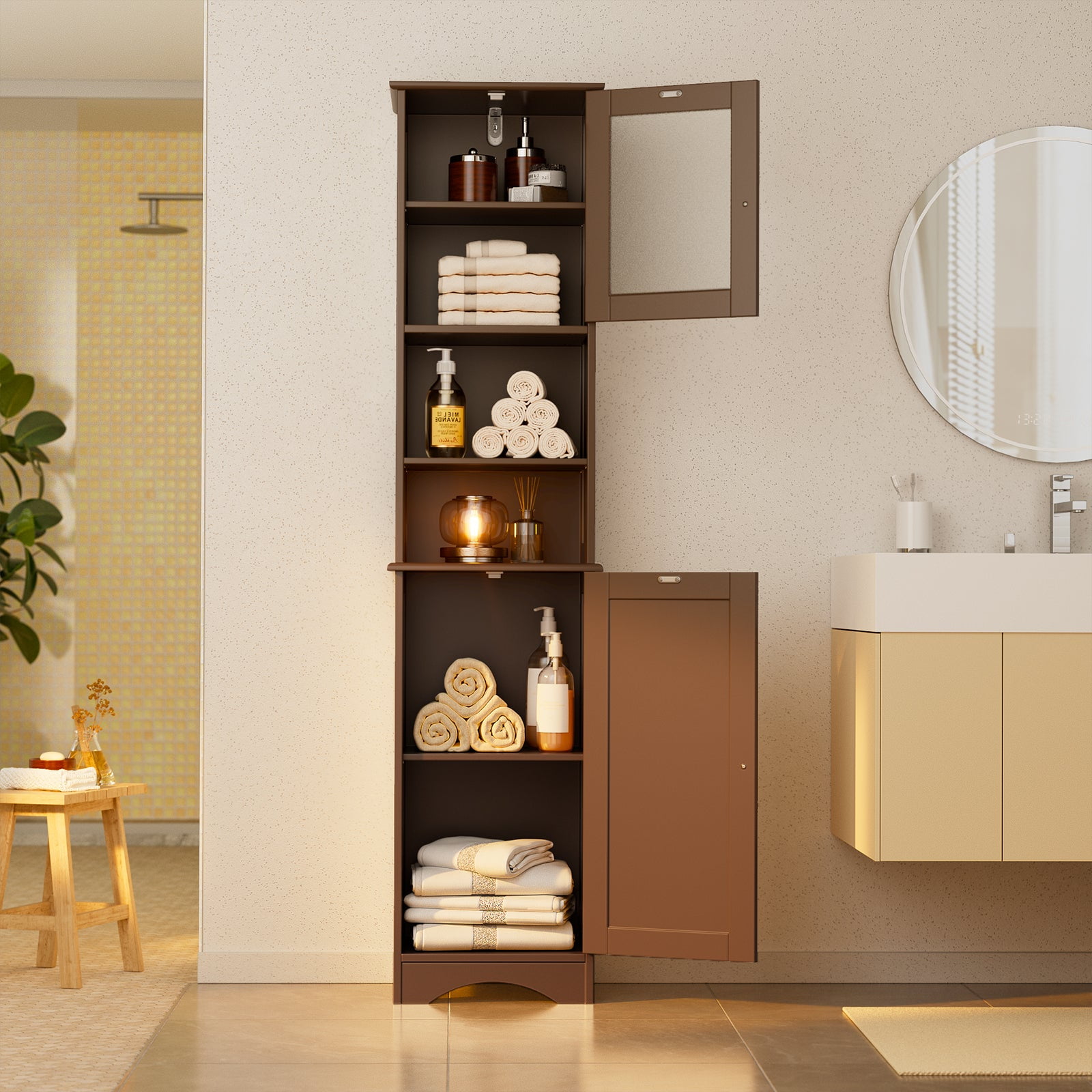 Aiho 67.1" Tall Bathroom Storage Tower, Freestanding Narrow Linen Cabinet with 2 Doors and Adjustable Shelves, Space Saver for Bathroom, Living Room, Dark Brown