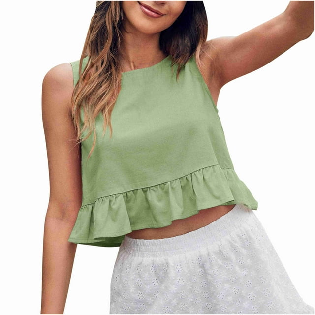 Besolor Camisoles d'Été pour Femmes à Col Ras du Cou Sans Manches, Courts, Mignons, Ourlet à Volants, Décontractés, Sortie, Chic, Blouse