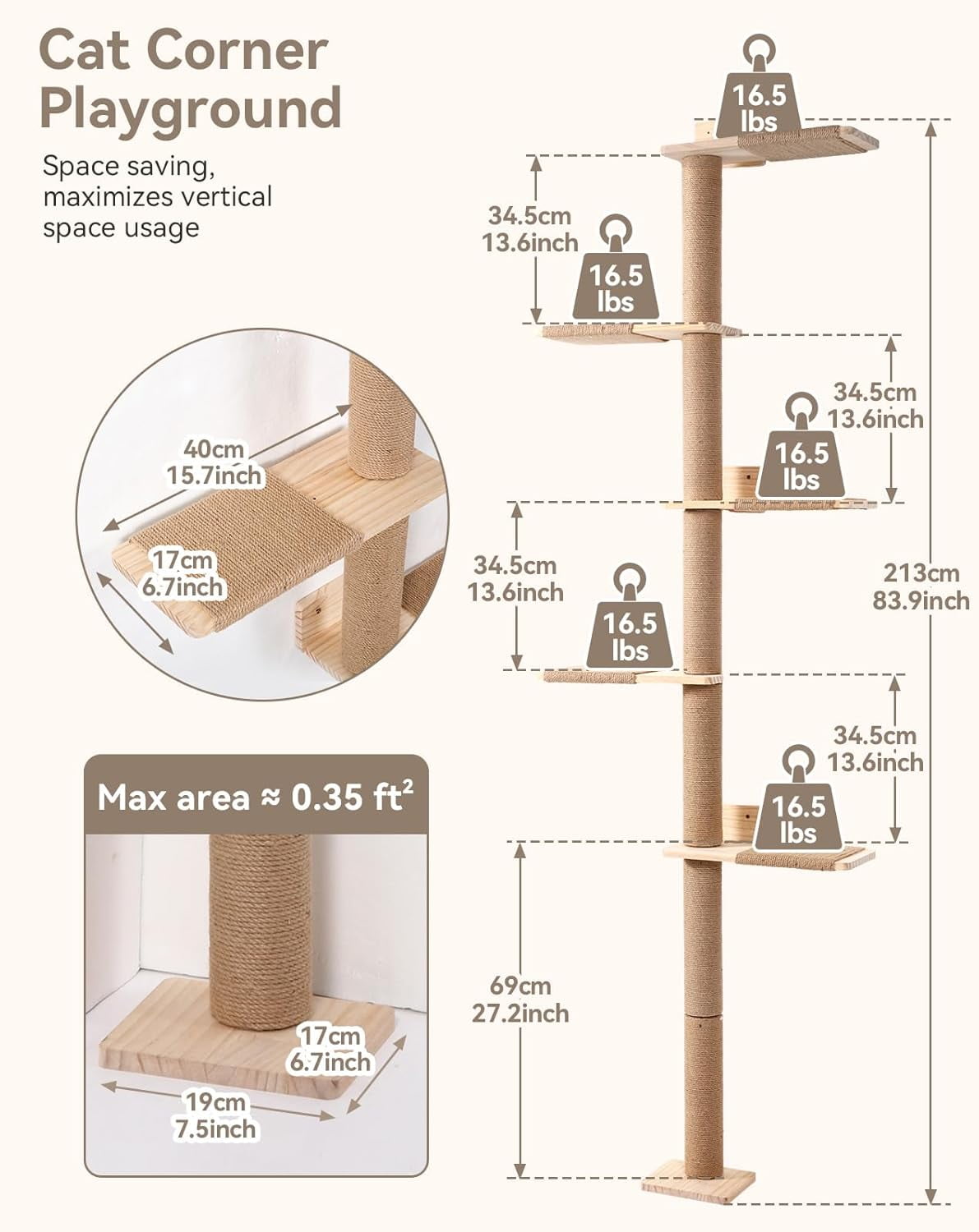 Tall Cat Tree for Wall 83.9inch, Wood Cat Wall Shelves for Kittens, Wall-Mounted Cat Tower with Scratching Post for Play, Climb & Scratching, 5 Tier Platforms
