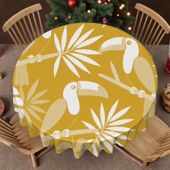 RKSupls 60 Inch Tropical Toucans And Monstera Pattern Print Soft, Festive Round Table Setting Machine-Made, Tropical Toucans And Monstera Pattern