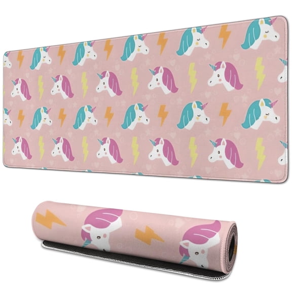 Long Mouse Pads for Desk,Pink Cartoon Unicorn Lightning Pattern Desk Mats on Top Of Desks, Desk Mouse Pad Extra Large with 3mm Non-Slip Base and Stitched Edge for Gaming,Office,Work,Home 31.5"x11.8"