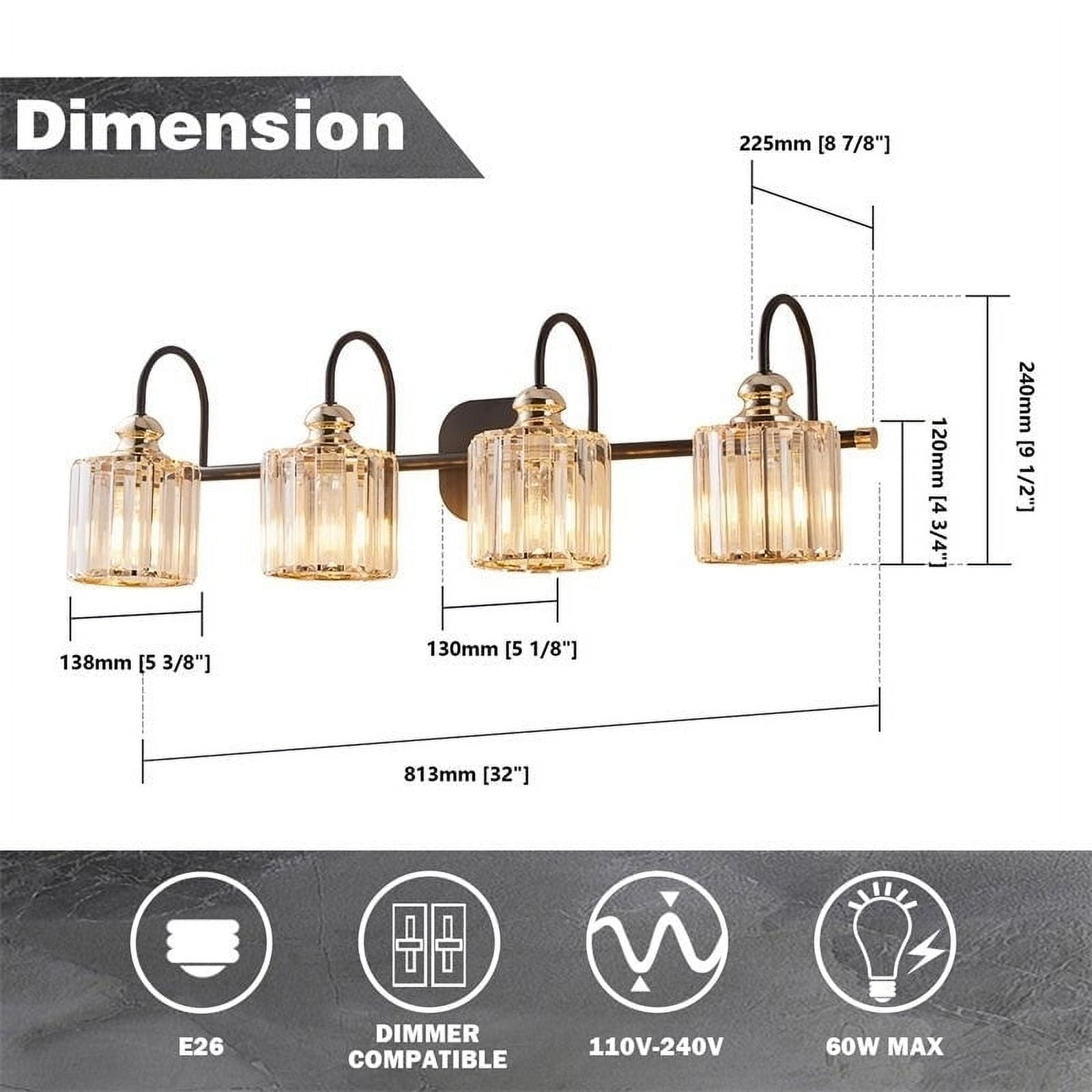 ExBrite 4-Light 32" Gold Crystal Vanity Wall Sconces Bath Lighting Fixture