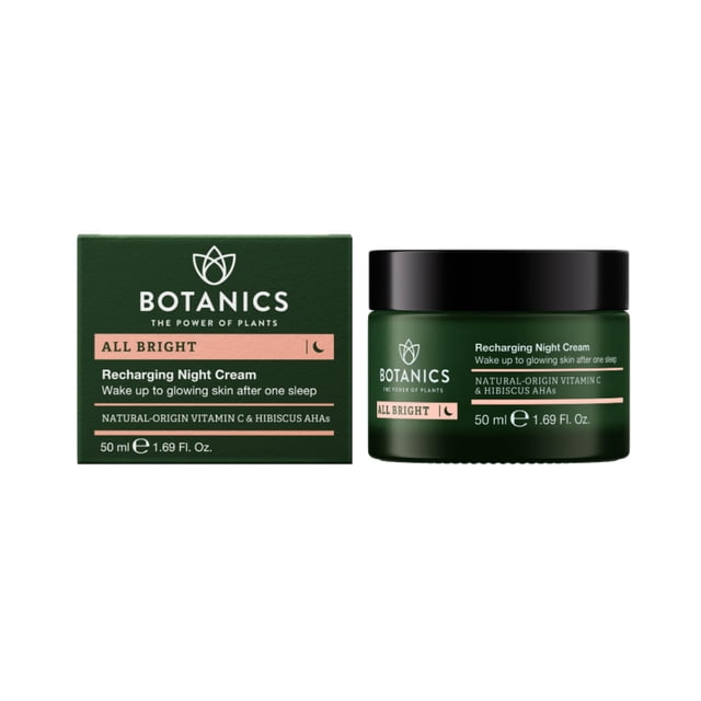 Botanics All Bright Recharging Night Cream - Hidratante facial con vitamina C con Hibiscus AHA para una piel brillante - Hidratante y suavizante - Crema facial vegana y libre de crueldad para mujeres