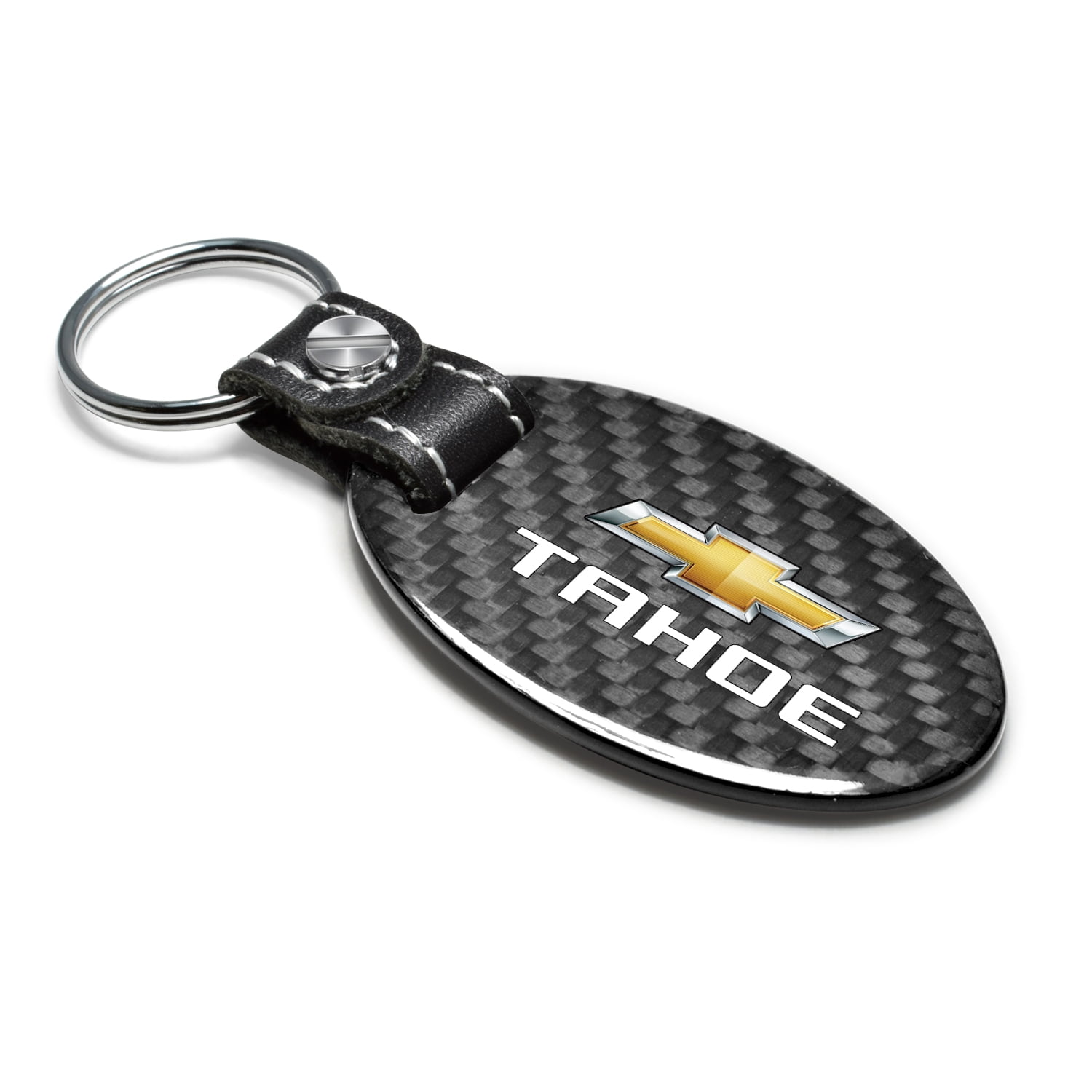 iPick Image for Chevrolet Tahoe Black Real Carbon Fiber Oval Shape with Black Leather Strap Key Chain, Official Licensed