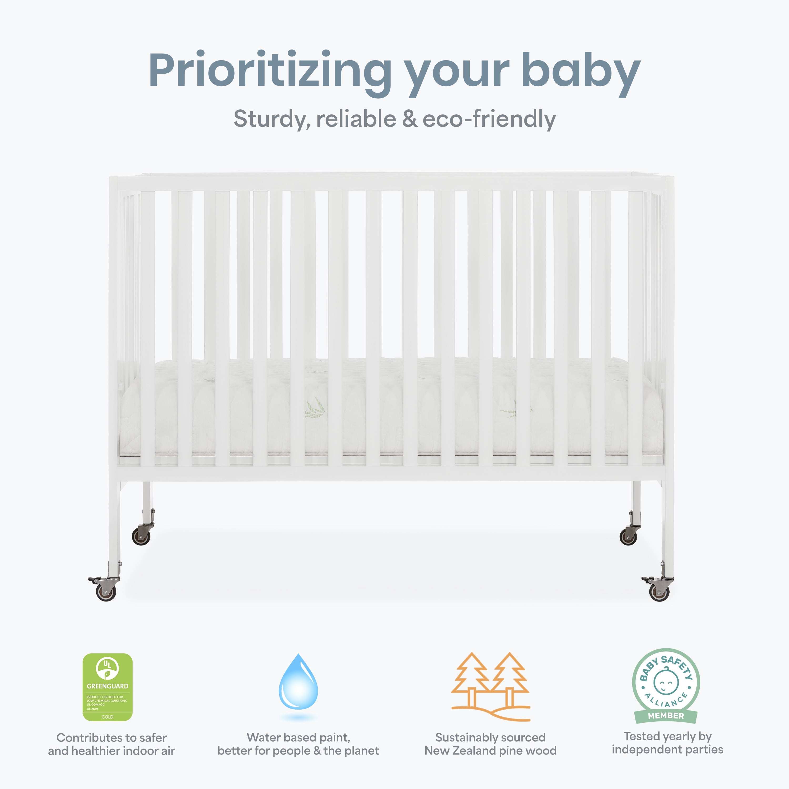 Dream On Me Quinn Full-Size Folding Crib, Removable Wheels, Modern Nursey, Adjustable Mattress Support, Patent Folding System in White