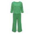 thumbnail image 4 of GILIGEGE Linen Sets for Women 2 Piece Summer Ladies' Casual Summer Solid Color Short Sleeved Cotton and Linen Top Loose Pants Set Wide Leg Pants Tracksuit Lounge Matching Sets Green Xl, 4 of 7